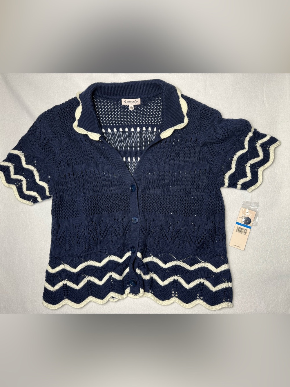 Nanette Lepore Navy Cream Crochet Knit Short Sleeve Cardigan